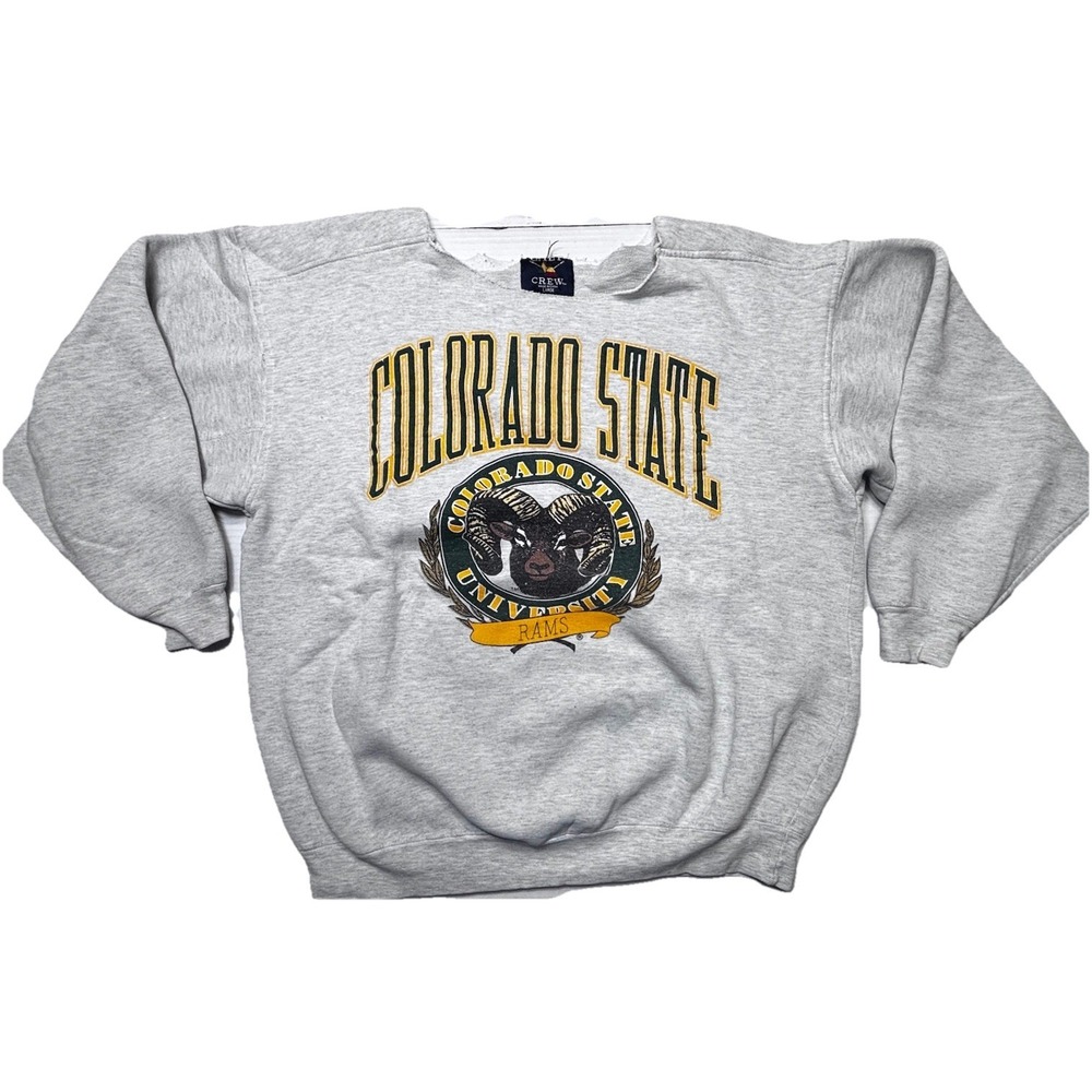 VTG Colorado State Rams Crewneck Sweatshirt L Gray Distressed Cut Neck Pullover